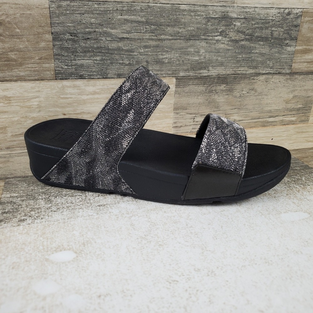 FitFlop Lulu Glitz Womens Slides Sandal Sz 9 All Black Slip On Footwear Comfort